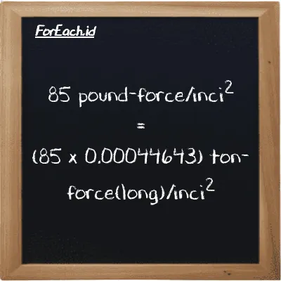 Cara konversi pound-force/inci<sup>2</sup> ke ton-force(long)/inci<sup>2</sup> (lbf/in<sup>2</sup> ke LT f/in<sup>2</sup>): 85 pound-force/inci<sup>2</sup> (lbf/in<sup>2</sup>) setara dengan 85 dikalikan dengan 0.00044643 ton-force(long)/inci<sup>2</sup> (LT f/in<sup>2</sup>)